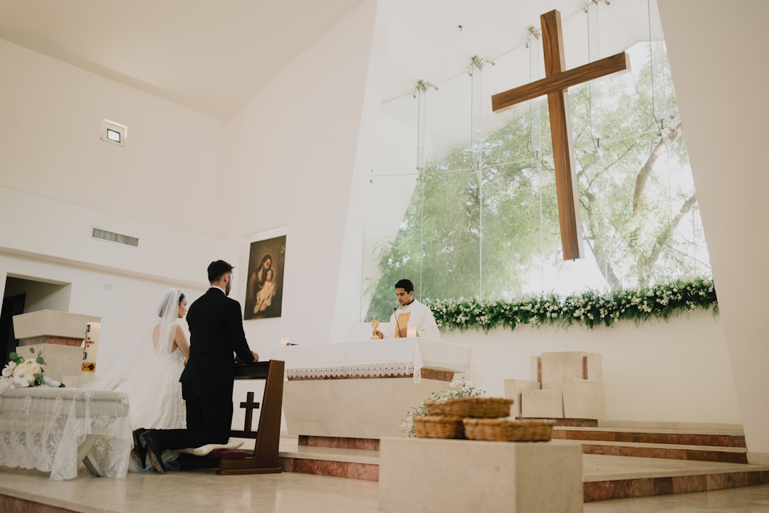 A wedding ceremony taking place inside a church.
